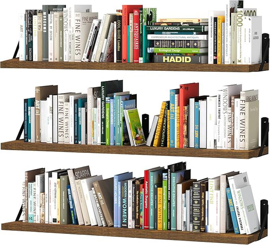 upsimples Floating Book Shelves for Wall, 35.4 Inches Long Floating Wood Shelves for Living Room, Library, Bedroom, Office Organizer and Storage, Brown