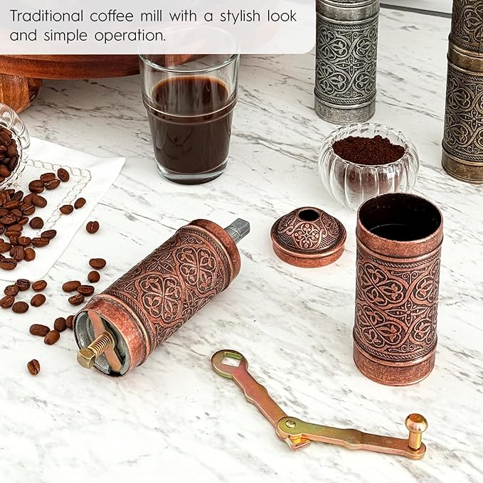 Handmade Turkish Pepper & Coffee Grinder, Refillable Turkish Spice Mill with Adjustable Coarseness, Manual Coffee Mill with Handle, Coffee Grinder Metal with Hand Crank 22 cm-8.66 inch (Bronz)