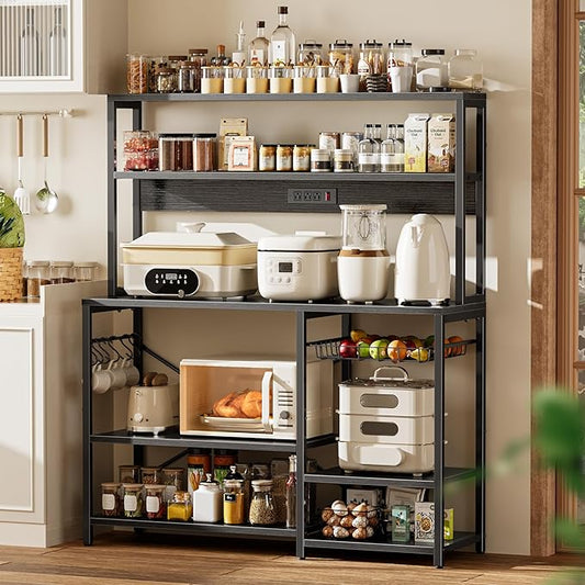 SUPERJARE Bakers Rack with Power Outlet, 47.2 Inches Coffee Bar with Wire Basket, Kitchen Microwave Stand with 6 S-Shaped Hooks, Open Storage Shelves, Black