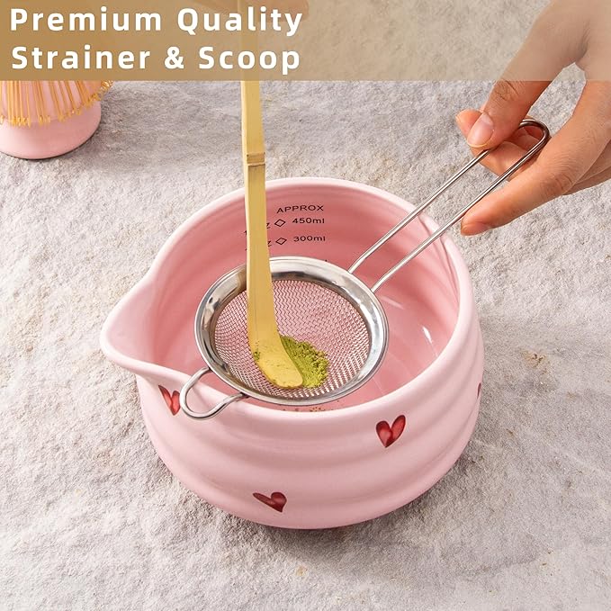 5pcs Premium Matcha Set,Ceramic Bowl with Spout and Bamboo Whisk set, Ceremonical Matcha Kit for breakfast/latte,Tea Starter Making Kit,Unique Matcha Gift set (pink love)