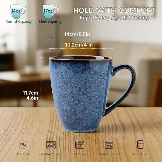 MONITO 17 OZ Coffee Mugs Set of 6, Large Ceramic Blue Coffee Mugs Set with handle for Tea/Latte/Milk/Cocoa, Funny Tea Cups for Office and Home, Engagement Gifts. (Starry Blue)