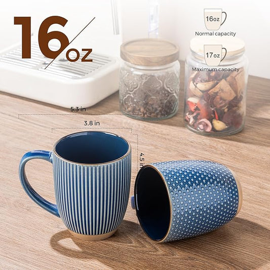 GBhome Large Coffee Mugs Set of 4, 16oz Handmade Embossed Coffee Mugs Set with Large Handle for Cappuccino/Latte/Tea/Hot Cocoa, Dishwasher & Microwave Safe, Blue