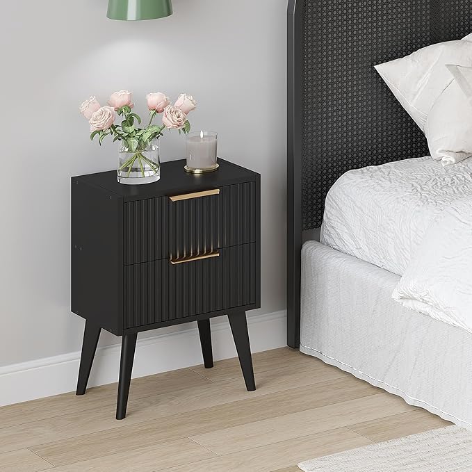 Small Black Night Stand,Modern Bedside Table, Nightstand with 2 Drawers,Fluted Side Table with Wood Legs,Mid Century End Table for Bedroom,Small Space,Black 11.8" D x 16" W x 22.4" H CTG55BK