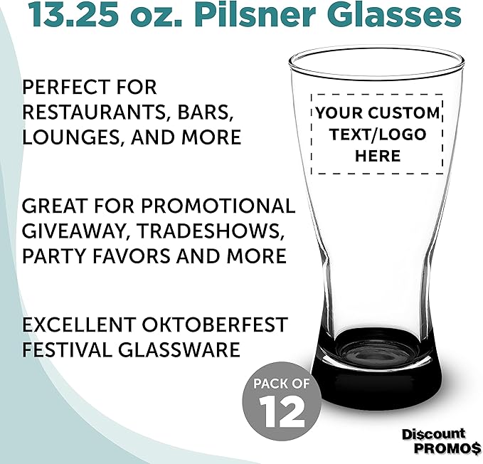 Custom Pilsner Glasses 13.25 oz. Set of 12, Personalized Bulk Pack - Made in the USA, Perfect for Hotels, Restaurants, Bars and Even Party Favors - Black