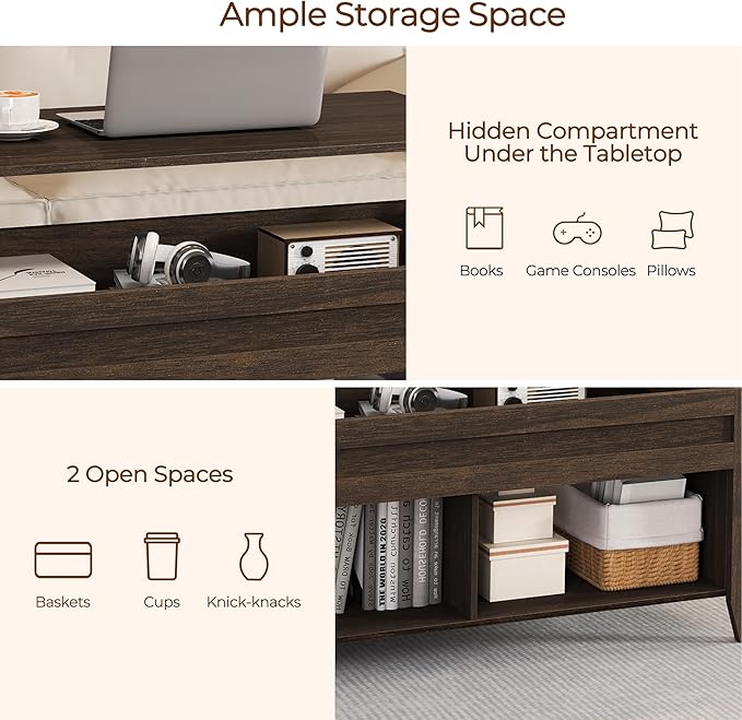 Yaheetech Lift Top Coffee Table with Hidden Storage Compartment & Seperated Lower Shelf, Lift Up Coffee Table, Rising Tabletop Dining Table for Living Room, 39.5 in L, Espresso