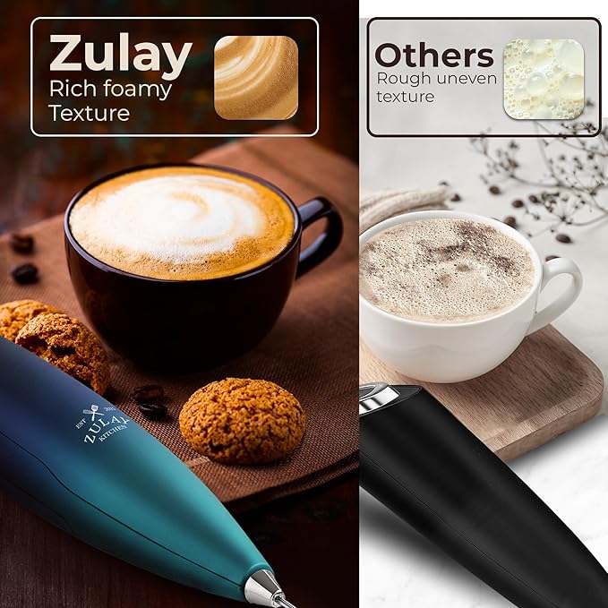 Zulay Kitchen Patented Tornado Triple Whisk Milk Frother with 4 Duracell Batteries – Handheld Foam Maker for Coffee, Lattes, Matcha & Hot Chocolate – Rich, Creamy Froth in Seconds