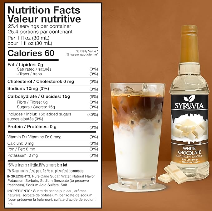 Syruvia Coffee Syrup, White Chocolate Flavored Syrup for Drinks, Lattes, and Desserts – 25.4 fl oz