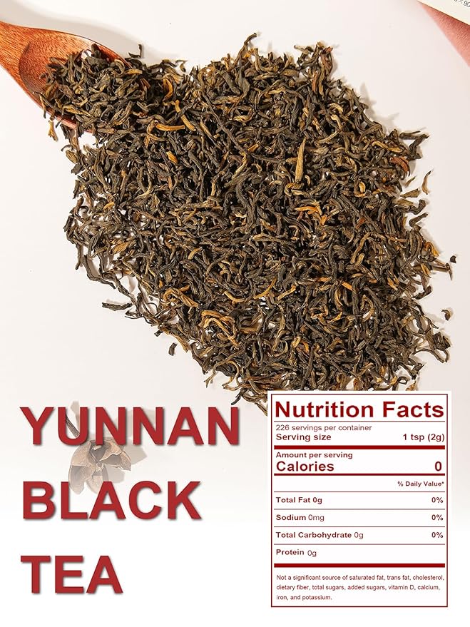 TeeLux Black Tea Loose Leaf, Premium Yunnan Black Tea, Floral Aroma, Smooth & Full-bodied Taste, Hot & Iced Tea, 16oz