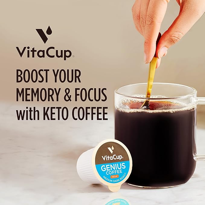 Decaf Genius Keto Coffee Pods with MCT Oil, Turmeric, and B Vitamins by VitaCup for Focus in Single Serve Pod Compatible with K-Cup Brewers Including Keurig 2.0, 32 CT