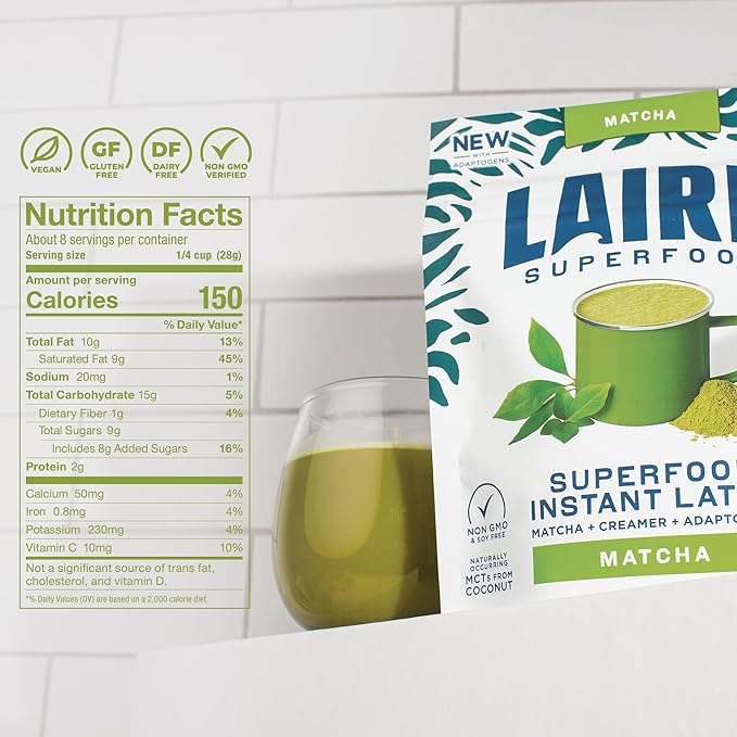 Laird Superfood Matcha Instant Latte with Adaptogens - Matcha Latte Green Tea Powder Packed with Antioxidants and Superfood Coconut Creamer - Gluten Free, Non-GMO, Vegan, 8 oz. Bag, Pack of 1
