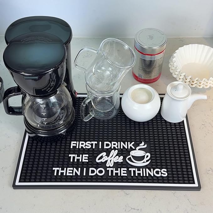 Coffee Matt for Counter First I Drink The Coffee Then I Do The Things 18x12 in, Non-Slip Silicone Espresso Maker Mat for Countertops, Aloha, Hawaiian and Luau Tiki Bar Decor and Tiki Decorations