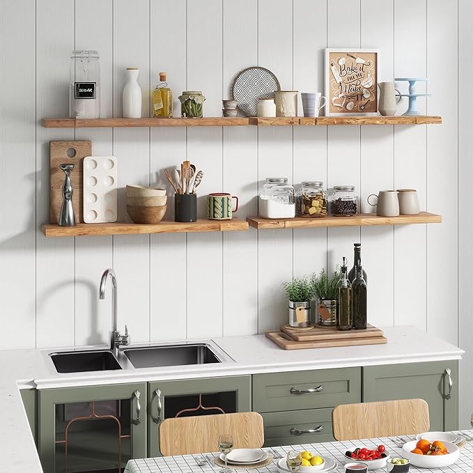 Reclaimed Elm Wood Floating Shelves for Wall, Live Edge 24"W x 9.2"D x 1.4"H, Set of 2 with Invisible Bracket, Wall Mounted Shelves for Living Room Bedroom Kitchen Bathroom Decor, Natural Finish