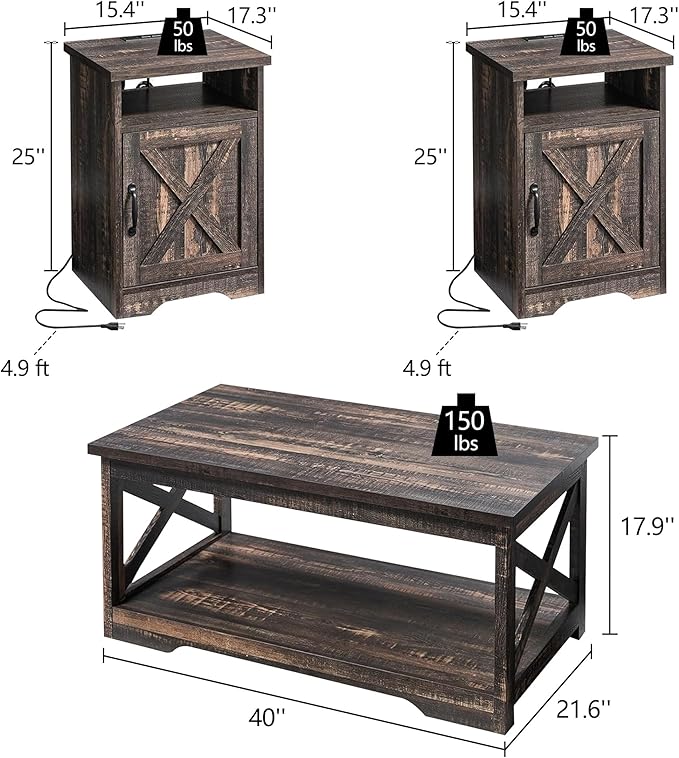 3-Piece Farmhouse Living Room Table Sets, Includes 1 x Coffee Table, 2 x End Tables with Charging Station & USB Ports, Rustic Coffee Table Set of 3, Black Oak