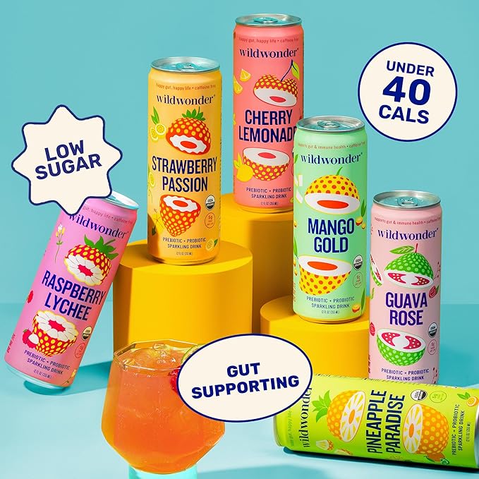 wildwonder Sparkling Probiotic Drink 12pk, for Gut Health & Immune Support, Guava Rose, 5 G Prebiotic Fiber, Live Probiotics, Organic, Vegan, Low Sugar, 12 Pack, 12 Oz Can, As Seen on Shark Tank