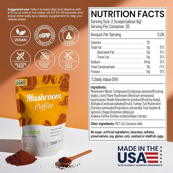 Neumina 6-in-1 Mushroom Coffee | Energy Coffee with 6 Adaptogenic Mushrooms(Cordyceps, Lion's Mane, Reishi, Chaga, Shiitake, Turkey Tail), 30 Servings, 1200mg Mushrooms