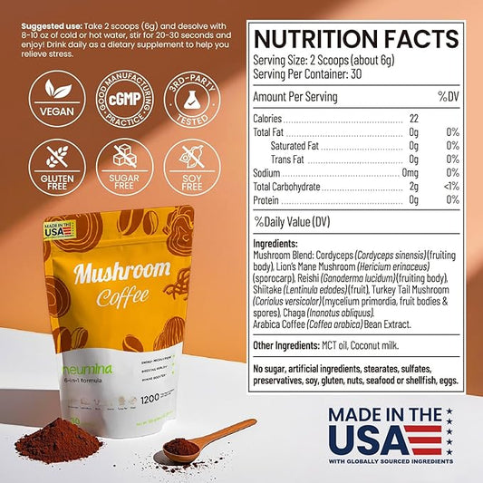 Neumina 6-in-1 Mushroom Coffee | Energy Coffee with 6 Adaptogenic Mushrooms(Cordyceps, Lion's Mane, Reishi, Chaga, Shiitake, Turkey Tail), 30 Servings, 1200mg Mushrooms