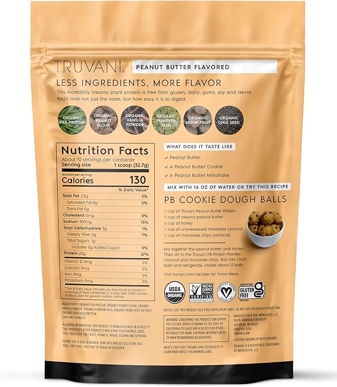 Truvani Vegan Pea Protein Powder | Peanut Butter | 20g Organic Plant Based Protein | 10 Servings | Keto | Gluten & Dairy Free | Low Carb | No Added Sugar