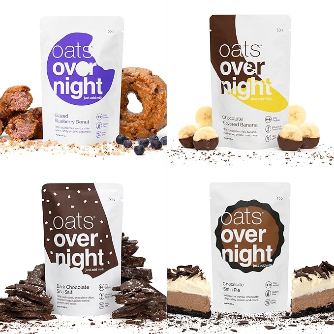 Oats Overnight Dessert Variety Pack - High Protein, High Fiber Breakfast Protein Shake - Gluten Free Oatmeal, Non GMO High Protein Oatmeal - Salted Toffee, Chocolate Satin Pie & More Flavors (8 Pack)