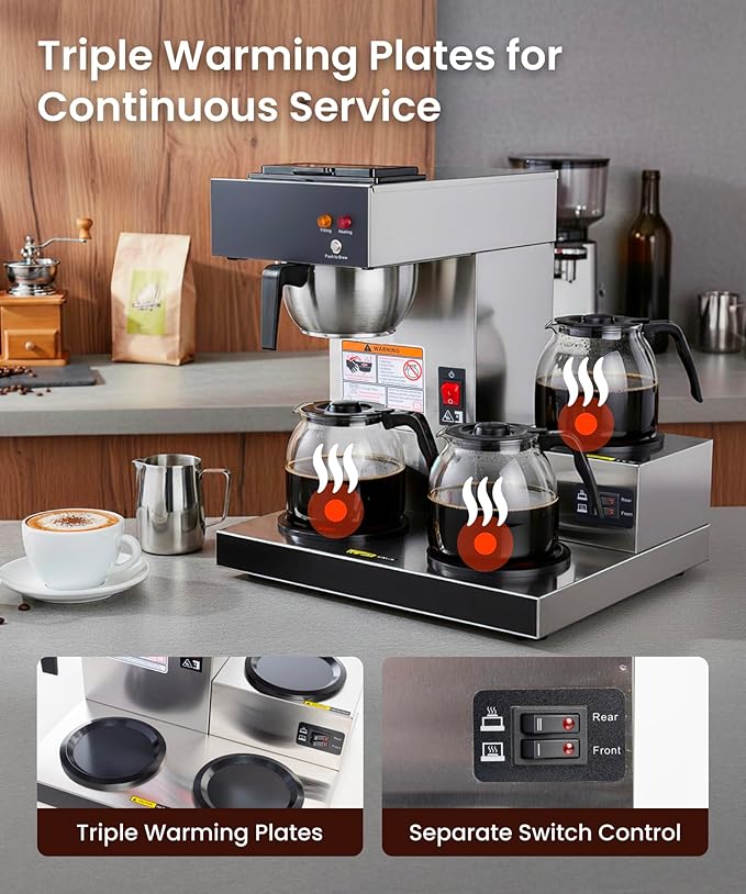 SYBO Commercial Coffee Maker 12 Cup, Pour Over Drip Coffee Maker Brewer with 3 Lower Warmers, Stainless Steel Cafetera