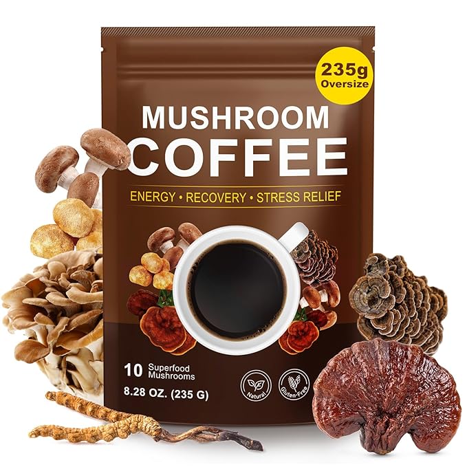 Mushroom Coffee (235g Supersize), 10 Superfood Mushrooms Blend for Energy, Recovery & Focus, Organic Instant Coffee Powder with Lion’s Mane, Reishi, Chaga, Cordyceps, 8.28 OZ