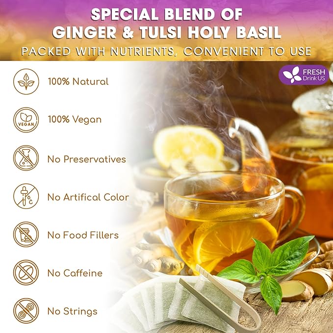 FreshDrinkUS, Premium 35 Ginger Tulsi Tea Bags, 100% Natural, Hand-made Blend of Ginger and Tulsi Holy Basil Leaves, Eco-conscious Tea Bags. Herbal Tea. No Sugar, No Caffeine, Vegan.