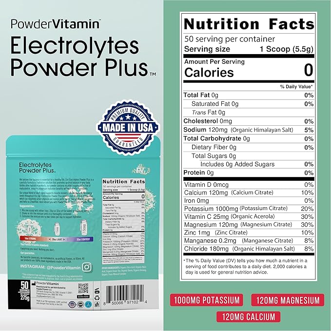 PowderVitamin Electrolytes Powder Plus (50 Servings) Green Tea Ginseng Electrolyte Powder Keto, Sugar Free, Pink Himalayan Salt,1000mg Potassium,120mg Calcium,120mg Magnesium, Hydration Powder