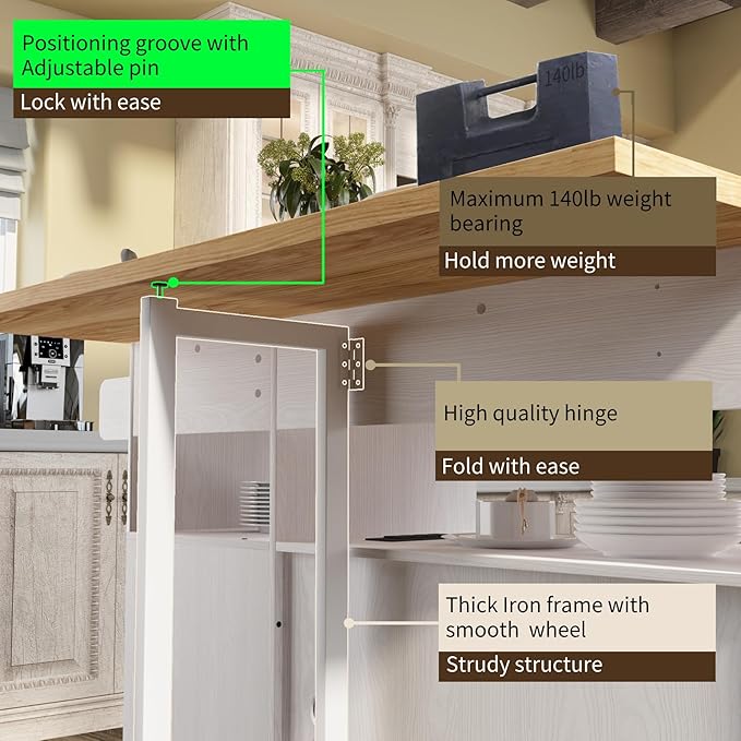 Rolling Mobile Kitchen Island with Storage and Drop Leaf, Island Table with Countertop Power Socket and Wheel (White, Model 1.2)