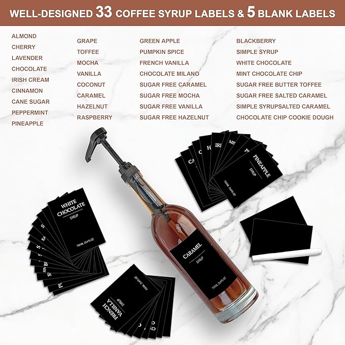HCYWOC Coffee Syrup Dispenser, 25.4oz 750ml Glass Syrup Bottles, 4 Pack Syrup Dispenser for Coffee Bar With Large Leakproof Syrup Pump, 38 Labels, 120ml Espresso Cups