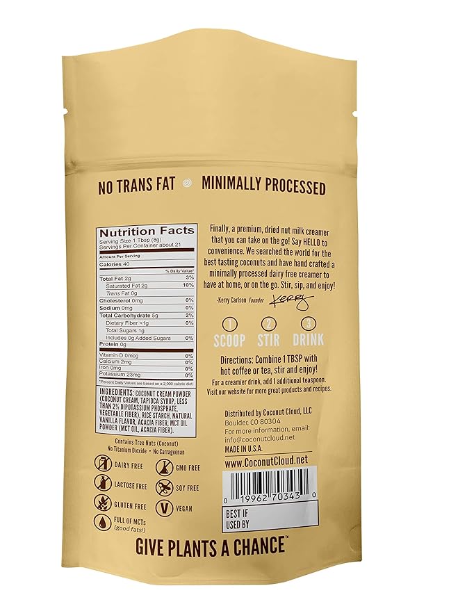 Coconut Cloud: Dairy-Free Coffee Creamer | Minimally Processed, Shelf Stable. Made from Coconut Powdered Milk. | Vegan, Gluten Free, Non-GMO. (Home, Office, Travel), Creamers (Vanilla Pouch)