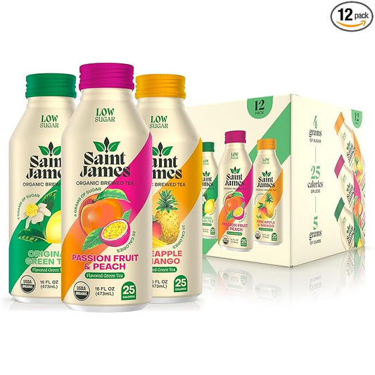 Saint James Iced Tea - Organic Green Tea - Non GMO, Gluten Free, Low Calorie & Low Sugar - Variety Green Tea Flavors, 12 Pack (16.9 fl oz each) | Non GMO, Gluten Free, Low Calorie, Low Sugar