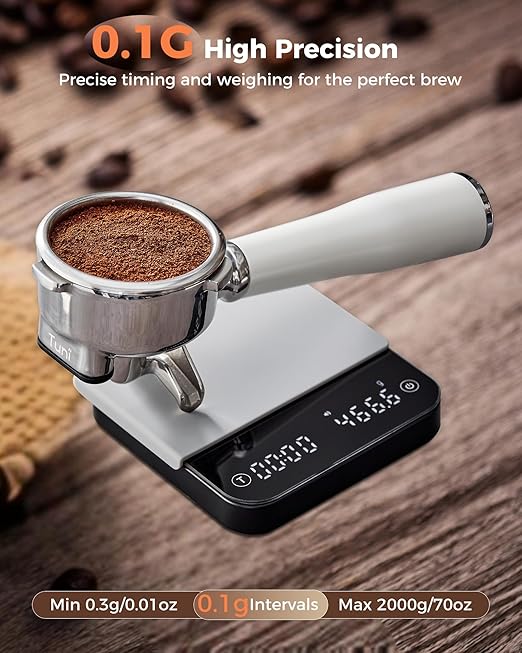 Tuni Rechargeable Mini Coffee Scale with Timer, 2kg/0.1g Accurate Espresso Scale for Espresso and Pour-Over Coffee, Portable Digital Kitchen Scale with Automatic Timing, Black