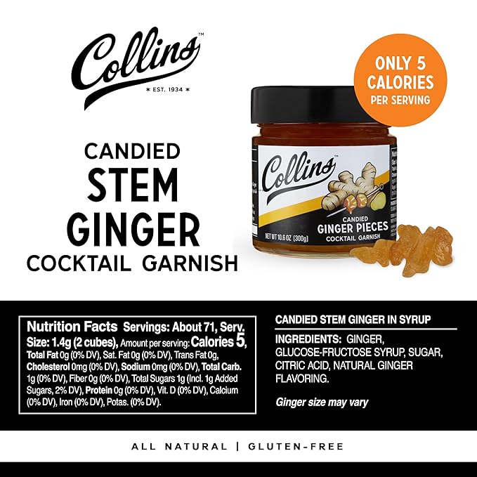 Collins Candied Ginger in Syrup for Cocktails, Gluten Free Skinny Cocktail Garnish for Whiskey, Rum, Martini, Mojito, Gin, Moscow Mule, Tea, Desserts, Baking, Home Bar, 10.6 oz, Set of 1