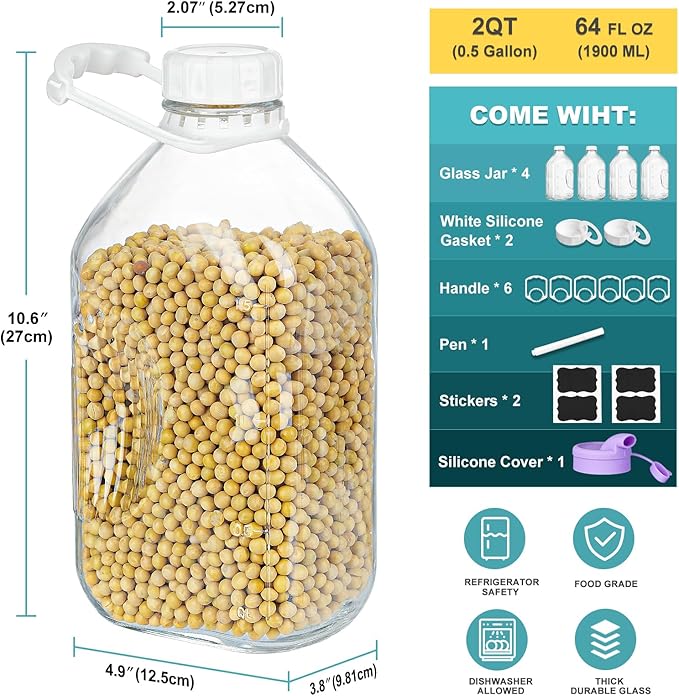 4 Pack 64 Oz Heavy Duty Glass Milk Bottle with 1 Silicone Spout and 5 Reusable Airtight SCREW LID, 2 Qt Glass Water Bottle with 2 Exact Scale Lines - Milk/Juice Jug Pitcher