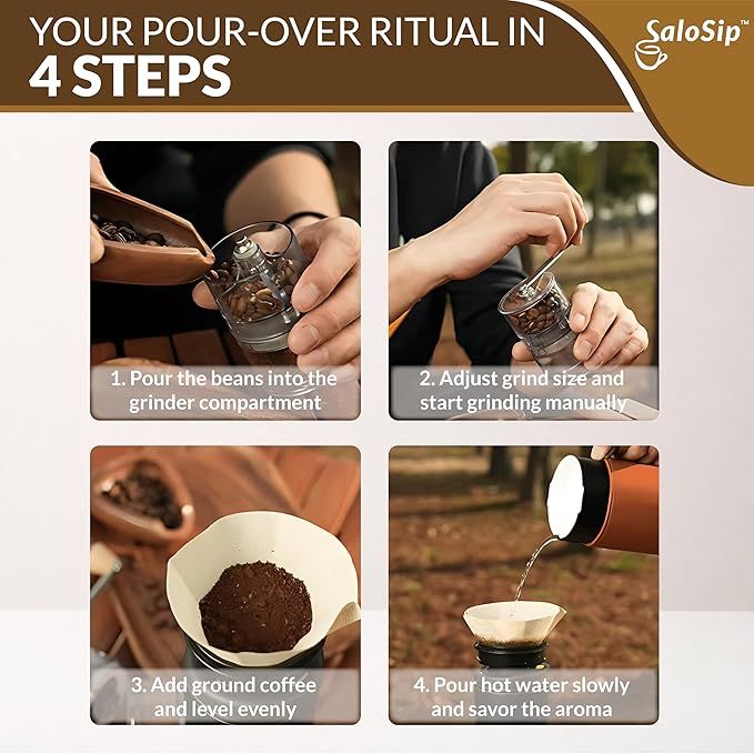 4‑in‑1 Portable 100% Manual Pour Over Coffee Maker Kit with Built‑In Grinder for Travel & Camping, No Batteries, No Cables, No Pods, Stainless Steel Components