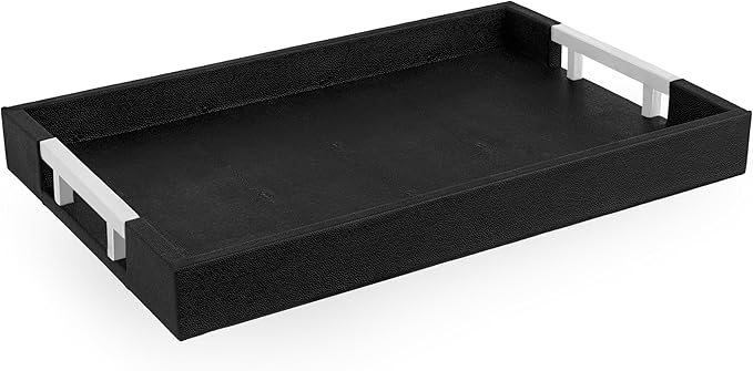 Modern Elegant 17.5"x12" Black Rectangle Shagreen Faux Leather Decorative Tray Ottoman Coffee Table Perfume Living Room Kitchen Serving Tray with Silver Metal Handles for All Occasion's