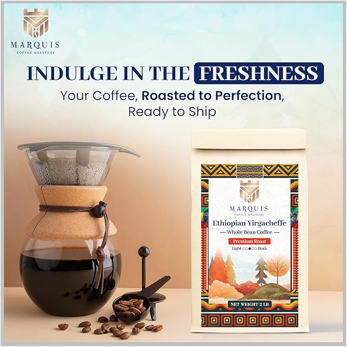 Marquis - Ethiopian Yirgacheffe Coffee Beans, Rich and Bold Whole Bean, Fresh Medium Roast Beans with a Fruity Flavor, Premium Ethiopian Coffee, 2 lb