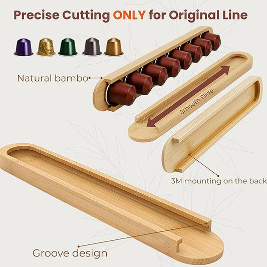 Bamboo Coffee Pod Holder, Adhesive Wall Mount (No Drilling) for Cabinet Door, 36-Capsule Storage (Set of 4) — Vertical/Horizontal — Compatible with Nespresso Original Line-Bamboo Brown