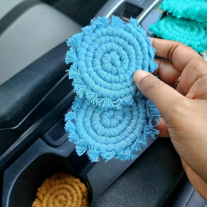 Cotton Car Coasters for Cup Holders, 2PC Car Cup Coasters, Drink Coaster Holder, Cute cupholder Coaster Accessories for Women, Macrame, Boho (Cloudy Day)