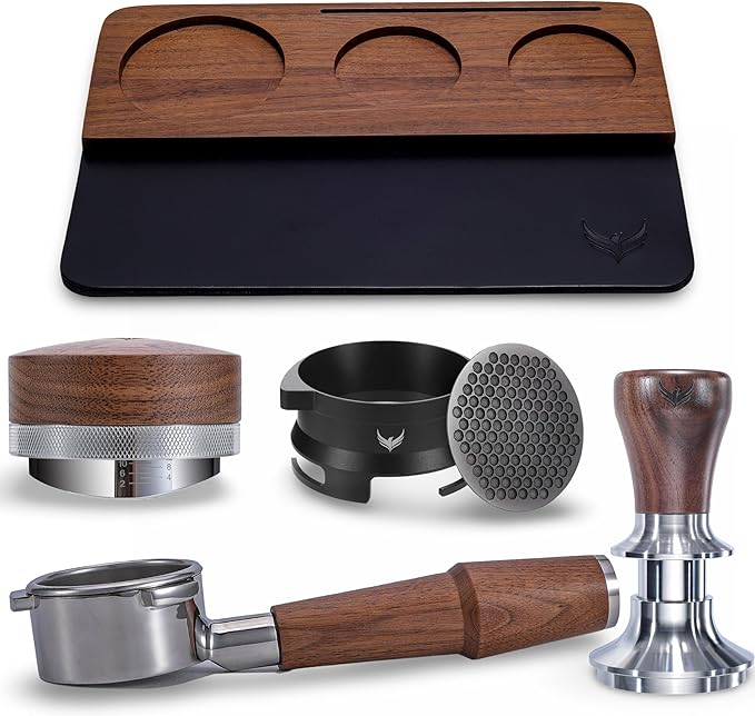 KNODOS 54mm Espresso Accessory Set For Breville Machines Includes Walnut & Leather Tamping Mat, Calibrated Tamper & Distributor, Dosing Funnel & Puck Screen, Bottomless Portafilter