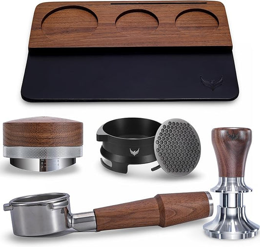 KNODOS 54mm Espresso Accessory Set For Breville Machines Includes Walnut & Leather Tamping Mat, Calibrated Tamper & Distributor, Dosing Funnel & Puck Screen, Bottomless Portafilter