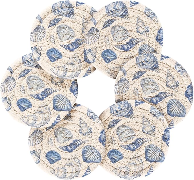 Coasters for Drinks with Holder Blue Seashells Ocean Nautical Coastal Coasters Set of 6 Cotton Woven Absorbent Decor Bar Coaster Tabletop Protection 3.94 Inches