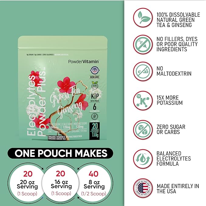 PowderVitamin Electrolytes Powder Plus (20 Servings) Green Tea Ginseng Electrolyte Powder Keto, Sugar Free, Pink Himalayan Salt,1000mg Potassium,120mg Calcium,120mg Magnesium, Hydration Powder
