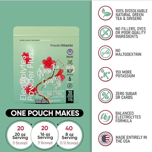 PowderVitamin Electrolytes Powder Plus (20 Servings) Green Tea Ginseng Electrolyte Powder Keto, Sugar Free, Pink Himalayan Salt,1000mg Potassium,120mg Calcium,120mg Magnesium, Hydration Powder