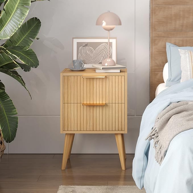Fluted Nightstand,Small Bedside Table,Natural Wood Night Stand,Light Wood Side Table with Solid Wood Legs,End Table for Bedroom,Small Space 11.8" D x 16" W x 22.4" H Natural CTG55Y