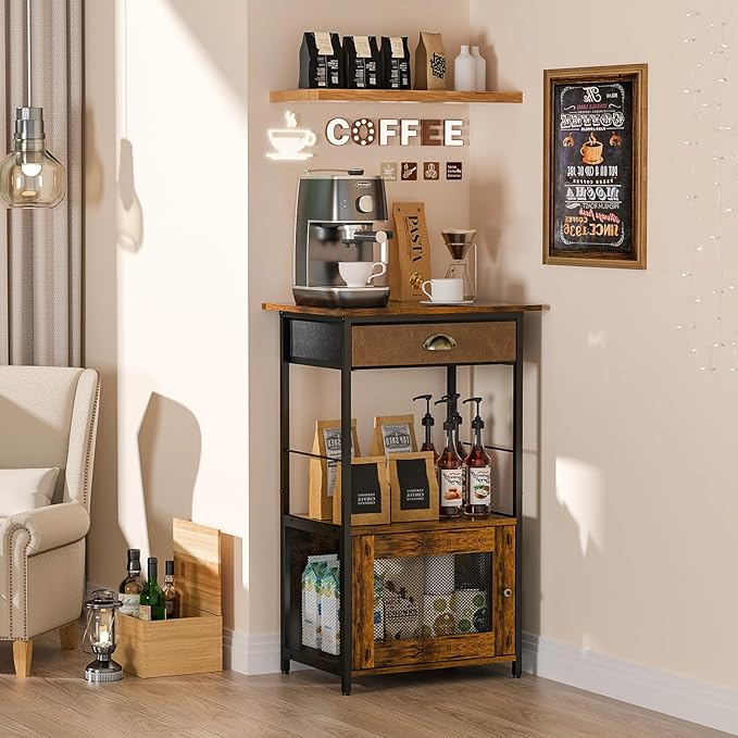 X-cosrack Coffee Bar Station, 3-Tier Small Coffee Stand Station with Storage, Farmhouse-Style Kitchen Microwave Stand Featuring 1-Door Cabinet Ideal for Living Room, Entryway, Kitchen