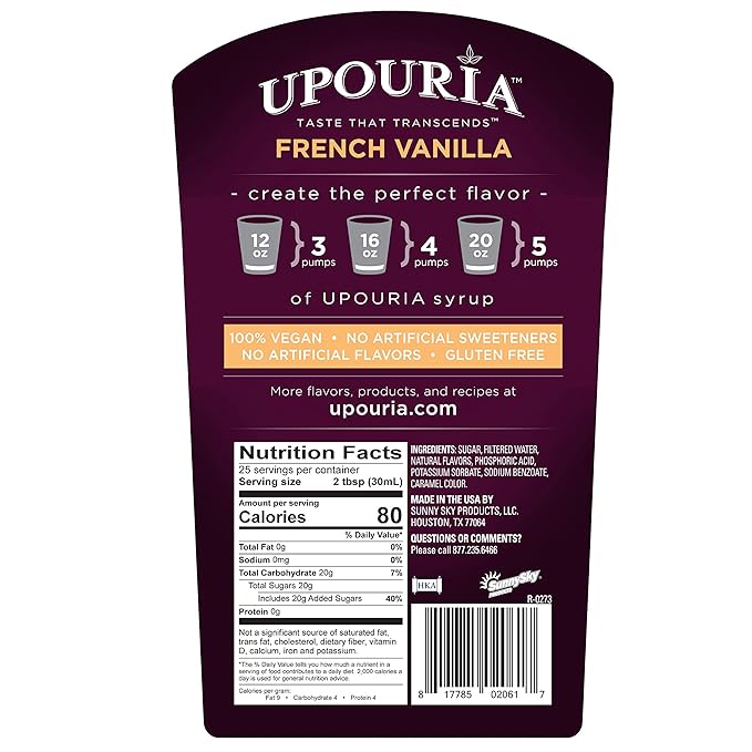 Upouria French Vanilla Coffee Syrup Flavoring, 100% Vegan, Gluten-Free, Kosher, 750 mL Bottle (Pack of 2) with Coffee Syrup Pump