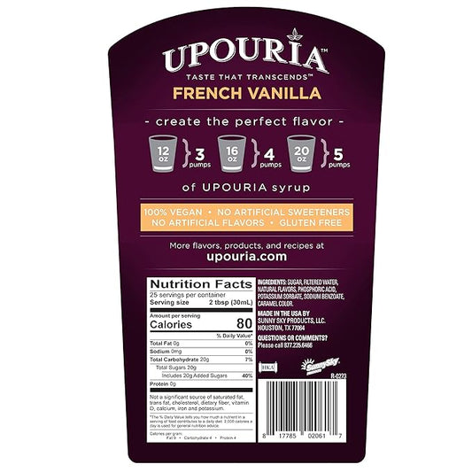 Upouria French Vanilla Coffee Syrup Flavoring, 100% Vegan, Gluten-Free, Kosher, 750 mL Bottle (Pack of 2) with Coffee Syrup Pump
