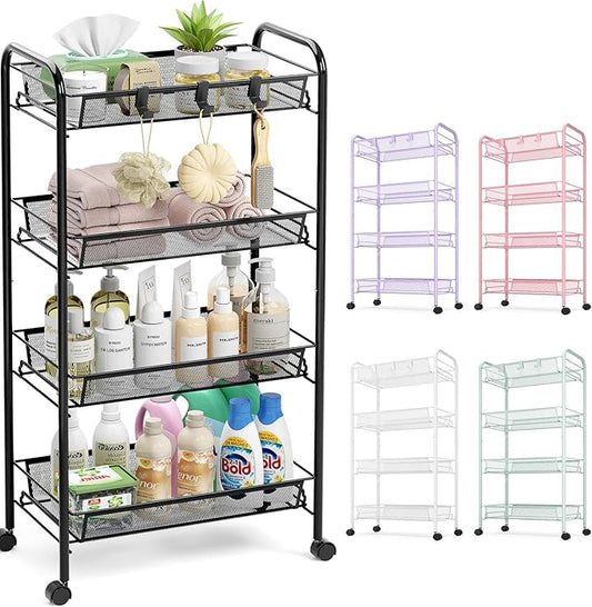 TOOLF 4-Tier Rolling Cart, Metal Utility Cart with 3 Hooks, Easy Assemble Mobile Storage Trolley On Wheels, Metal Shelving Units Kitchen Bathroom Laundry Room