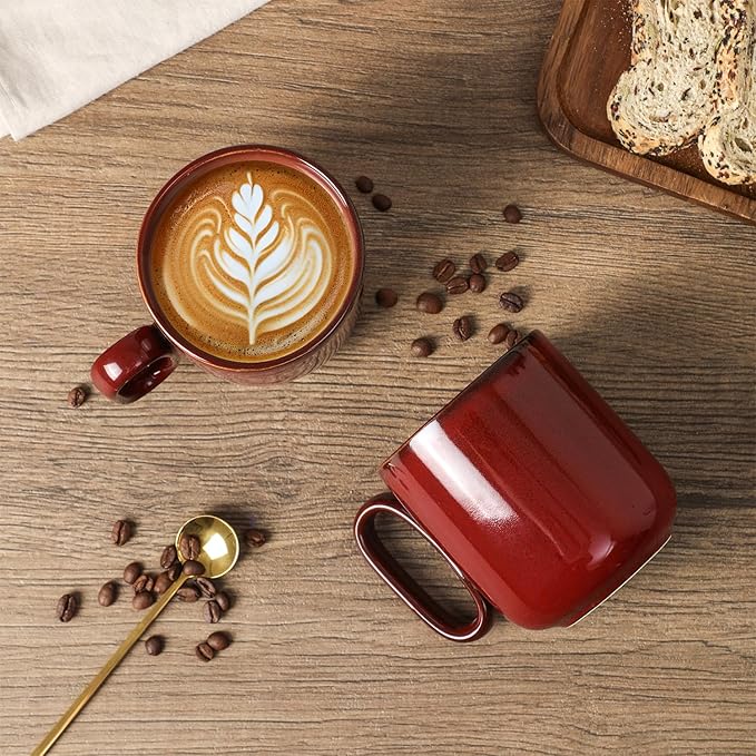 vicrays Ceramic Coffee Mug Set - 18 Ounce Large Stoneware Mug for Men Women - Unique Glazed Porcelain Mugs with Handle for Coffee Latte Tea Milk Cocoa - Set of 4 (Cherry Red)