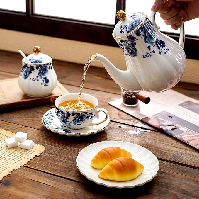 ceramic tea cup and saucer set of 4,floral teacup sets for Coffee, Latte, Cafe Mocha and Tea (Dark blue flowers)